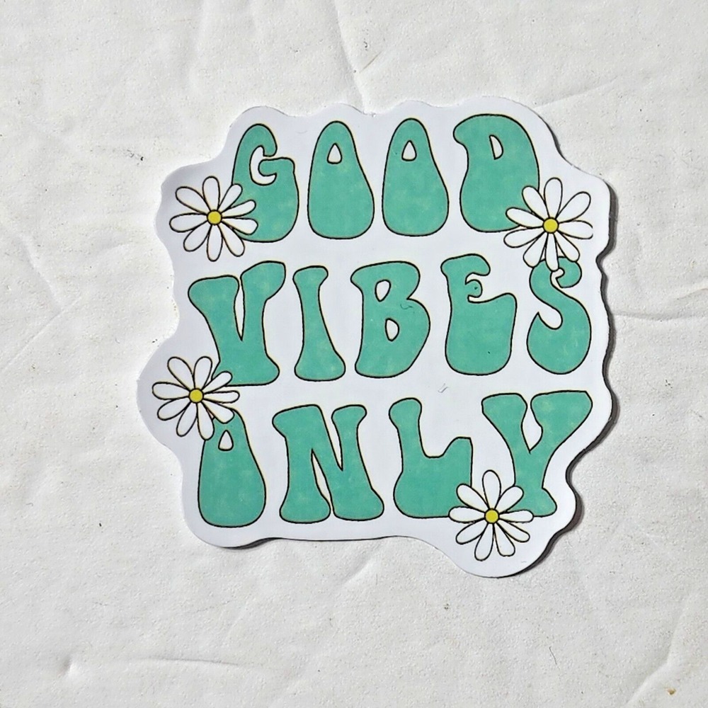Good Vibes Only Green Daisy Floral Retro Sticker 2x2 Vinyl Decal